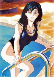 Rule 34 | 1990s (style), 1girl, absurdres, black hair, blue one-piece swimsuit, breasts, cleavage, competition swimsuit, covered erect nipples, goggles, goggles around neck, highres, kinomiya yukari, large breasts, long hair, looking at viewer, non-web source, official art, one-piece swimsuit, open mouth, pool, retro artstyle, skindentation, solo, super real mahjong, swimsuit, tanaka ryou