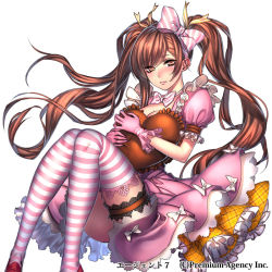 Rule 34 | 1girl, agent 7, akitani kou, boots, bow, breasts, brown eyes, brown hair, character request, closed mouth, female focus, frilled skirt, frilled sleeves, frilled thighhighs, frills, gloves, hair bow, hair ornament, hair ribbon, heart, long hair, looking at viewer, pillow, pink gloves, ribbon, short sleeves, simple background, skirt, solo, striped clothes, striped thighhighs, thighhighs, twintails, white background, yellow ribbon, zettai ryouiki