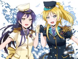 Rule 34 | 2girls, ayase eli, black gloves, blonde hair, blue eyes, blue hair, blush, commentary request, epaulettes, gloves, hair between eyes, hat, highres, holding hands, long hair, looking at viewer, love live!, love live! school idol festival, love live! school idol project, multiple girls, necktie, open mouth, ponytail, sonoda umi, striped neckwear, suan ringo, white gloves, yellow eyes
