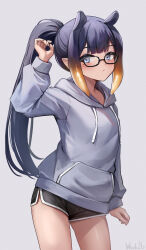 Rule 34 | 1girl, alternate costume, artist name, bespectacled, black shorts, blue eyes, casual, closed mouth, drawstring, extra ears, glasses, highres, hololive, hololive english, hood, hoodie, long hair, long sleeves, looking at viewer, ninomae ina&#039;nis, orange hair, pointy ears, ponytail, purple hair, short shorts, shorts, sidelocks, simple background, solo, tentacle hair, virtual youtuber, wszkii