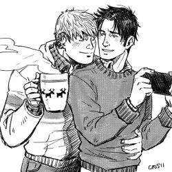 Rule 34 | 2boys, bara, black hair, blonde hair, closed eyes, couple, cris art, cup, ear piercing, greyscale, hand on another&#039;s waist, holding, holding cup, holding phone, hulkling, layered shirt, light blush, long sideburns, looking at another, male focus, marvel, monochrome, mug, multiple boys, phone, piercing, short hair, sideburns, smile, sweater, thick eyebrows, upper body, wiccan, yaoi