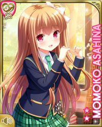 Rule 34 | 1girl, :d, asahina momoko, badge, black thighhighs, blazer, blue jacket, bow, brown hair, button badge, card (medium), character name, day, girlfriend (kari), green skirt, hair bow, hair ribbon, indoors, jacket, necktie, official art, one side up, open mouth, plaid, plaid skirt, polka dot, polka dot bow, qp:flapper, red eyes, ribbon, school uniform, side ponytail, skirt, smile, solo, standing, sunset, thighhighs, white day
