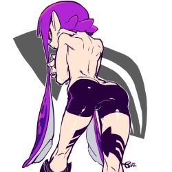 Rule 34 | ass, back, bare back, bike shorts, covering breasts, covering privates, inkling player character, long hair, looking back, nintendo, pani spla, purple hair, splatoon (series), tagme, topless