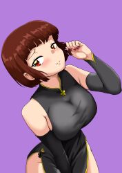 Rule 34 | 1girl, bare shoulders, black dress, blush, bob cut, breasts, brown eyes, brown hair, china dress, chinese clothes, curvy, dress, hand in own hair, highres, labyrinth1986, large breasts, looking at viewer, purple background, ranma 1/2, smile, solo, swimsuit, tendou nabiki, thighs
