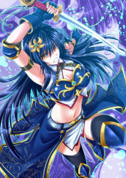 Rule 34 | 1girl, arm strap, armor, bare shoulders, black thighhighs, blue gloves, blue hair, boots, breastplate, breasts, cleavage, clenched teeth, elbow pads, fingerless gloves, gloves, hair between eyes, hair ornament, hairpin, hijikawa arashi, knee boots, knee up, large breasts, long hair, looking at viewer, navel, official art, orange eyes, original, solo, sword, teeth, thighhighs, weapon