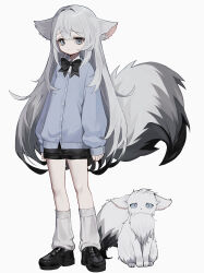 Rule 34 | 1girl, absurdres, animal ear fluff, animal ears, black bow, black bowtie, black footwear, black shorts, blue cardigan, bow, bowtie, cardigan, collared shirt, commentary, frown, grey eyes, grey hair, grey tail, highres, leg warmers, loafers, long hair, long sleeves, original, platform footwear, shirt, shoes, short shorts, shorts, shou (mori boro), simple background, sleeves past wrists, solo, symbol-only commentary, tail, very long hair, white background, white shirt, wolf, wolf ears, wolf girl, wolf tail