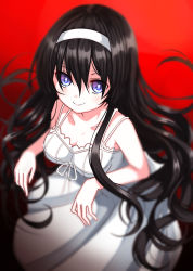 Rule 34 | 1girl, absurdres, bare shoulders, black hair, blurry, breasts, cleavage, closed mouth, comic girls, commentary request, cowboy shot, depth of field, dress, fuura suzu, gradient background, hair between eyes, hairband, highres, long hair, medium breasts, purple eyes, red background, simple background, sleeveless, sleeveless dress, smile, solo, spaghetti strap, standing, usagi koushaku, very long hair, white dress, white hairband