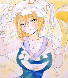 Rule 34 | 1girl, :o, adapted costume, animal ears, animal hat, bare shoulders, blonde hair, blue dress, blush, breasts, collarbone, commentary request, dress, fox ears, fox tail, gloves, hair between eyes, hands up, hat, large breasts, looking at viewer, marker (medium), matsuppoi, mob cap, multiple tails, open mouth, short hair, sleeveless, slit pupils, solo, tail, tassel, touhou, traditional media, upper body, white gloves, white hat, yakumo ran, yellow eyes