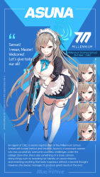 Rule 34 | 1girl, absurdres, apron, assault rifle, asuna (blue archive), blue archive, blue eyes, breasts, brown hair, bullpup, character name, character sheet, cleavage, elbow gloves, famas, full body, gloves, gun, halo, headphones, highres, large breasts, long hair, maid, maid apron, maid headdress, mole, mole on breast, mx2j, official art, rifle, shoes, solo, thighhighs, very long hair, weapon