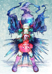 Rule 34 | 1girl, absurdres, alternate hair color, beanie, blue eyes, blue hair, boots, closed mouth, coat, creatures (company), darkrai, dawn (pokemon), full body, game freak, gen 4 pokemon, gloves, hair ornament, hat, highres, knee boots, legendary pokemon, legs apart, light blue hair, long hair, long sleeves, looking at viewer, matomero, mythical pokemon, nintendo, outstretched arms, pink footwear, pink gloves, pokemon, pokemon (creature), pokemon dppt, pokemon platinum, red coat, reflection, ripples, scarf, smile, snow, snowing, split mouth, standing, thighhighs, white headwear, white scarf, white thighhighs