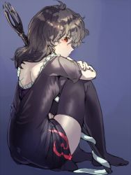 Rule 34 | 1girl, asymmetrical wings, backless dress, backless outfit, black dress, black hair, black thighhighs, blush, dress, geppewi, houjuu nue, looking at viewer, no wings, red eyes, short dress, short hair, short sleeves, sitting, sketch, solo, tears, thighhighs, touhou, wings, zettai ryouiki