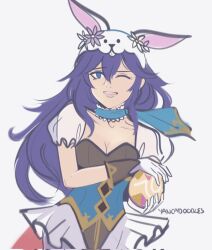 Rule 34 | 1girl, :d, animal hood, artist name, blue eyes, blue hair, breasts, egg, fire emblem, fire emblem awakening, fire emblem heroes, gloves, hair between eyes, highres, holding, holding egg, hood, leotard, long hair, looking at viewer, lucina (fire emblem), lucina (spring) (fire emblem), nintendo, official alternate costume, one eye closed, open mouth, pantyhose, playboy bunny, rabbit hood, short sleeves, small breasts, smile, solo, teeth, upper body, upper teeth only, white background, white gloves, yancadoodles