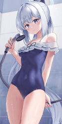 Rule 34 | 1girl, absurdres, bare arms, bare shoulders, bathroom, blue archive, blue halo, blue one-piece swimsuit, blush, bow, breasts, casual one-piece swimsuit, covered navel, cowboy shot, frilled one-piece swimsuit, frills, grey hair, hair between eyes, hair ornament, hair ribbon, halo, highres, holding, holding shower head, looking at viewer, medium breasts, miyako (blue archive), miyako (swimsuit) (blue archive), off-shoulder one-piece swimsuit, off shoulder, official alternate costume, one-piece swimsuit, parted lips, ribbon, shower head, showering, solo, standing, swimsuit, thighs, water, wet, wet clothes, yakishio (yakishio 236)