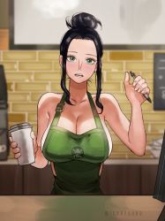 Rule 34 | 1girl, absurdres, apron, artist request, bare shoulders, barista, black hair, blush, breasts, cleavage, collarbone, cup, disposable cup, green apron, hair bun, highres, holding, holding cup, iced latte with breast milk (meme), jolly roger, joy boy, large breasts, long hair, looking at viewer, meme, naked apron, nico robin, one piece, single hair bun, solo, starbucks, straw hats jolly roger