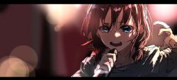 Rule 34 | 1girl, 3 sai, absurdres, blue eyes, blurry, blurry background, commentary, girls band cry, hands up, highres, holding, holding microphone, iseri nina, letterboxed, microphone, music, open mouth, red hair, short twintails, singing, solo, twintails, upper body