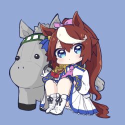 Rule 34 | 1girl, animal ears, asymmetrical gloves, blue background, blue eyes, blue gloves, blush, boots, brown hair, character doll, chibi, closed mouth, commentary request, epaulettes, full body, gloves, hair between eyes, hair ribbon, highres, horse ears, horse girl, horse tail, jacket, knees up, long hair, mejiro mcqueen (racehorse), mismatched gloves, multicolored hair, nozo (hitomiz), pink ribbon, pleated skirt, ponytail, ribbon, simple background, single epaulette, sitting, skirt, solo, streaked hair, stuffed animal, stuffed horse, stuffed toy, tail, tokai teio (umamusume), umamusume, very long hair, white footwear, white gloves, white hair, white jacket, white skirt