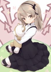 Rule 34 | 1girl, black dress, black pantyhose, brown eyes, brown hair, commentary request, dress, from side, girls und panzer, hair ribbon, highres, holding, jampen, light brown hair, long hair, looking at viewer, hugging object, one side up, pantyhose, ribbon, shimada arisu, smile, solo, stuffed animal, stuffed toy, teddy bear, two-tone legwear, white dress, white pantyhose