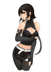 Rule 34 | 1girl, absurdres, belt, belt buckle, black gloves, black hair, black pantyhose, black skirt, black sleeves, breasts, buckle, chestnut mouth, cleavage, cleavage cutout, clothing cutout, collarbone, crop top, cropped legs, detached sleeves, fingerless gloves, gloves, groin, hair between eyes, highres, medium breasts, midriff, miniskirt, navel, original, pantyhose, pencil skirt, ponytail, red eyes, shiny clothes, shiny legwear, short hair with long locks, simple background, skirt, solo, standing, stomach, turtleneck, white background, white belt, wu yue [vulpes]
