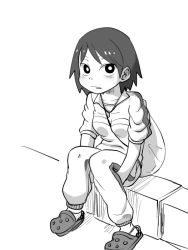 Rule 34 | 1girl, character request, child, copyright request, female focus, kaminosaki, monochrome, short hair, simple background, sitting, solo, white background