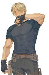 Rule 34 | 1boy, arm up, belt pouch, blonde hair, blue eyes, blue shirt, fingerless gloves, gloves, highres, holster, large pectorals, leon s. kennedy, looking at viewer, male focus, muscular, muscular male, pants, pectorals, pouch, rannohana629, resident evil, resident evil 4, resident evil 4 (remake), shirt, short hair, solo, standing, sweat, thigh strap, tight clothes, tight shirt, white background