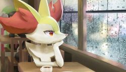 Rule 34 | 1girl, animal ear fluff, animal ears, animal nose, body fur, braixen, chair, closed mouth, coffee, creatures (company), cup, drink, expressionless, female focus, flat chest, fox ears, fox girl, fox heart, game freak, gen 2 pokemon, gen 5 pokemon, gen 6 pokemon, gothorita, hand up, head rest, indoors, jpeg artifacts, looking outside, nintendo, on chair, pokemon, pokemon (creature), rain, red eyes, reflection, sitting, snout, solo focus, steam, table, teacup, two-tone fur, upper body, white fur, window, xatu, yellow fur