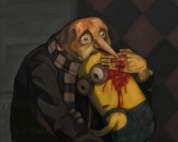 Rule 34 | 2boys, artist name, bald, black coat, blood, blood on face, blue eyes, brown eyes, checkered clothes, checkered scarf, coat, despicable me, fine art parody, gru (despicable me), hug, ivan the terrible and his son ivan, long nose, male focus, minion (despicable me), multiple boys, old, old man, open mouth, overalls, parody, quikmaaz, scarf, wide-eyed