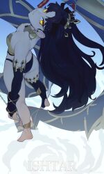 1girl anklet ass asymmetrical_legwear black_hair breasts character_name earrings elbow_gloves fate/grand_order fate_(series) from_above gloves highres hoop_earrings ishtar_(fate) jewelry long_hair razalor single_elbow_glove single_thighhigh small_breasts solo thighhighs tiara yellow_eyes