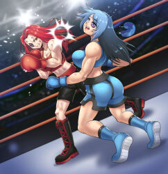 Rule 34 | 2girls, absurdres, blue eyes, blue gloves, blue hair, boxing, boxing gloves, boxing ring, boxing shorts, character request, commentary request, gloves, highres, long hair, multiple girls, muscular, muscular female, original, punching, red eyes, red gloves, red hair, shorts