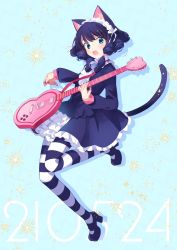 Rule 34 | 1girl, animal ears, aqua background, bell, black dress, black hair, blue eyes, blush, bow, cat ears, cat tail, curly hair, cyan (show by rock!!), dated, dress, frilled dress, frills, full body, guitar, hairband, heart guitar, highres, holding, holding instrument, instrument, jingle bell, kyuuri (miyako), leg up, lolita fashion, lolita hairband, long sleeves, looking at viewer, open mouth, pantyhose, plectrum, show by rock!!, simple background, solo, sparkle, striped clothes, striped pantyhose, tail