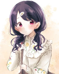 Rule 34 | 1girl, bag, baran. (ba ra ran), black hair, blouse, commentary request, fukumaru koito, hair over shoulder, highres, idolmaster, idolmaster shiny colors, long hair, long sleeves, looking at viewer, low twintails, purple eyes, shirt, shoulder bag, simple background, solo, twintails, upper body, white shirt