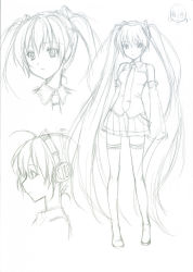 Rule 34 | 1girl, bad id, bad pixiv id, bare shoulders, character sheet, detached sleeves, face, female focus, graphite (medium), hatsune miku, headphones, long hair, monochrome, mushi024, profile, sketch, skirt, solo, standing, thighhighs, traditional media, twintails, very long hair, vocaloid, white background, zettai ryouiki