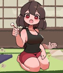 Rule 34 | 1girl, alternate costume, black hair, blush, breasts, cleavage, collarbone, highres, indoors, lap pillow invitation, large breasts, looking at viewer, mimikaki, open mouth, pointy ears, red eyes, red shorts, seiza, shameimaru aya, short hair, shorts, sitting, solo, thick thighs, thighs, touhou, yugi 0928