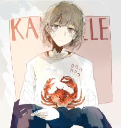 Rule 34 | 1girl, alternate costume, bandaid, bandaid on face, blush, brown hair, copyright name, crab, custom (cus-tom), kantai collection, long sleeves, oboro (kancolle), purple hair, short hair, simple background, solo, sweater, white sweater