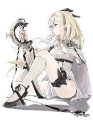 Rule 34 | 1girl, amputee, bandages, black bow, black footwear, black ribbon, blonde hair, bow, breasts, cape, cleavage, drag-on dragoon, drag-on dragoon 3, dress, flower, flower over eye, from side, hair bow, hair ribbon, highres, holding, holding sword, holding weapon, kneehighs, long hair, planted, planted sword, planted weapon, profile, ribbon, single bare shoulder, sitting, socks, solo, sword, thighlet, very long hair, weapon, white background, white dress, white socks, yinrain0023, zero (drag-on dragoon)