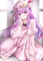 Rule 34 | 1girl, aqua bow, bow, closed mouth, crescent, crescent hat ornament, dress, hair bow, hat, hat ornament, highres, long hair, long sleeves, looking at viewer, mob cap, patchouli knowledge, purple dress, purple eyes, purple hair, purple hat, red bow, shirotsuki shirone, solo, striped clothes, striped dress, touhou, vertical-striped clothes, vertical-striped dress
