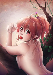 Rule 34 | 1girl, back, branch, breasts, cherry, food, fruit, highres, large breasts, long hair, mouth hold, nishinomiya sakuko, nude, original, pointy ears, red eyes, red hair, solo