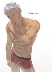 Rule 34 | 1boy, abs, archer (fate), bulge, closed mouth, collarbone, commentary request, cowboy shot, dark-skinned male, dark skin, fate/stay night, fate (series), grey hair, half-closed eye, hand on own shoulder, looking at viewer, male focus, male underwear, mondi hl, navel, one eye closed, red male underwear, simple background, solo, toned, toned male, topless male, twitter username, underwear, white background