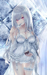 Rule 34 | 1girl, bare shoulders, breasts, cleavage, dress, grey hair, highres, ito lab, large breasts, long hair, looking at viewer, medium breasts, original, purple eyes, solo, white dress