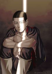 Rule 34 | 1boy, bare pectorals, black eyes, black hair, blue jacket, blue pants, buzz cut, collarbone, crack of light, decoy00xx, expressionless, facial hair, facial scar, feet out of frame, gaiters, goatee, golden kamuy, hair strand, jacket, knees up, light, long sleeves, male focus, military, military uniform, ogata hyakunosuke, open clothes, open jacket, pants, pectorals, scar, scar on cheek, scar on face, short hair, sitting, solo, stubble, toned, toned male, uniform, very short hair