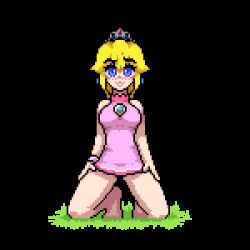 Rule 34 | 1girl, animated, animated gif, bare legs, bare shoulders, barefoot, blonde hair, blue eyes, blush, bouncing, bouncing breasts, breasts, brooch, crown, dress, earrings, grin, james cabello, jewelry, kneeling, looking at viewer, looping animation, lowres, mario (series), medium breasts, nintendo, pink dress, pink wristband, pixel art, princess peach, short dress, short hair, sleeveless, sleeveless dress, sleeveless turtleneck, sleeveless turtleneck dress, smile, solo, spread legs, transparent background, turtleneck