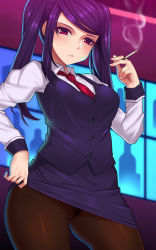 Rule 34 | 1girl, bartender, black hair, black skirt, black vest, blush, brown pantyhose, cigarette, cleft of venus, closed mouth, clothes lift, collared shirt, contrapposto, cowboy shot, crotch seam, dress shirt, female pubic hair, formal, girls&#039; frontline, highres, jill stingray, lifting own clothes, long hair, long sleeves, looking at viewer, miniskirt, necktie, no panties, nt00, pantyhose, pencil skirt, pubic hair, purple eyes, purple hair, pussy, red necktie, shirt, sidelocks, skirt, skirt lift, skirt suit, solo, suit, swept bangs, thighs, twintails, va-11 hall-a, vest, white shirt
