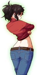 Rule 34 | 1girl, alternate costume, alternate hairstyle, amagami, arched back, ass, back, belt, black hair, clothes lift, denim, from behind, grey eyes, guriko (mossari), halftone, halftone background, highres, hip focus, jeans, crossed legs, long hair, looking back, messy hair, pants, ponytail, red shirt, shirt, shirt lift, sidelocks, solo, standing, tanamachi kaoru, thighs, turtleneck, undressing, white background, wide hips