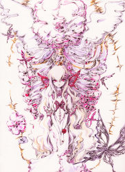 Rule 34 | 1girl, bad id, bad pixiv id, ballpoint pen (medium), blonde hair, bug, butterfly, butterfly hair ornament, charmal, corsage, dress, flower, hair ornament, insect, long hair, looking at viewer, original, own hands together, pink eyes, red flower, red rose, rose, solo, traditional media, very long hair, wavy hair