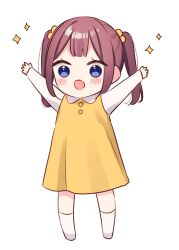 Rule 34 | 1girl, :o, aged down, arms up, blue eyes, blush, bow, brown hair, collared shirt, dress, full body, hair bow, highres, kneehighs, long sleeves, looking at viewer, open mouth, outstretched arms, sakuraba waka, shirt, short hair, short twintails, sidelocks, simamura hibari, simple background, socks, solo, sparkle, twintails, waka-chan wa kyou mo azatoi, white background, white shirt, white socks, yellow bow, yellow dress