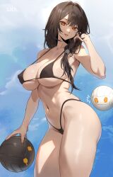 Rule 34 | 1girl, armpits, bare arms, bare shoulders, beach volleyball, bikini, black bikini, black hair, breasts, cleavage, commission, contrapposto, covered erect nipples, cowboy shot, elsword, eve (2nas) (elsword), eve (elsword), facial mark, grin, hair ornament, hair over shoulder, halterneck, hand up, highleg, highleg bikini, highres, large breasts, long hair, looking at viewer, moby (elsword), navel, orange eyes, remy (elsword), sabi (ghke4333), second-party source, skindentation, smile, solo, stomach, strap gap, string bikini, swimsuit, thick thighs, thighs