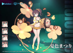 Rule 34 | 1girl, ;d, ahoge, anchor symbol, aqua eyes, artist request, azur lane, bare shoulders, blush, brown hair, brown shorts, camisole, carrying, carrying under arm, chestnut mouth, closed mouth, collarbone, commentary request, copyright name, copyright notice, crop top, ebi frion (matsuri channel), expressions, finger to mouth, flower, hair between eyes, hair ornament, hair scrunchie, head tilt, hololive, jacket, long sleeves, natsuiro matsuri, natsuiro matsuri (matsuri&#039;s day off), navel, no shoes, nose blush, off shoulder, official art, one eye closed, open clothes, open jacket, open mouth, parted lips, scrunchie, short shorts, shorts, side ponytail, sleeves past wrists, smile, socks, standing, striped clothes, striped jacket, teeth, upper teeth only, virtual youtuber, yellow camisole, yellow flower, yellow legwear, yellow scrunchie