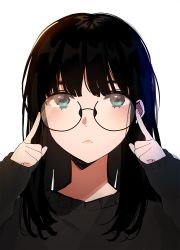 Rule 34 | 14 (vision5032), 1girl, :c, adjusting eyewear, arms up, bad id, bad twitter id, black-framed eyewear, black hair, black sweater, blue eyes, blush, closed mouth, commentary request, korean commentary, long hair, long sleeves, looking at viewer, round eyewear, simple background, solo, sweater, upper body, white background