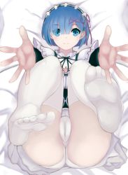 Rule 34 | 10s, 1girl, feet, foot focus, hair over one eye, highres, looking at viewer, maid, no shoes, outstretched hand, panties, re:zero kara hajimeru isekai seikatsu, rem (re:zero), smile, soles, solo, solo (twsolo), thighhighs, toes, underwear, white thighhighs