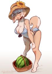 Rule 34 | 1girl, :3, animal ears, animal feet, animal nose, artist name, barefoot, basket, bikini, blue bikini, blue eyes, blush, body fur, breasts, brown fur, brown hat, claws, cleavage, clothing cutout, coffeechicken, dog ears, dog girl, dog tail, fang, female focus, flower, food, frilled bikini, frills, front-tie bikini top, front-tie top, fruit, full body, furry, furry female, gradient background, grey outline, half-closed eyes, hand on own thigh, hat, hat flower, highres, leaning forward, looking at viewer, open mouth, original, plaid, plaid bikini, short hair, sidelocks, simple background, skindentation, solo, standing, sunflower, sweat, swimsuit, tail, tail through clothes, tongue, tongue out, twitter username, two-tone fur, watermark, watermelon, white background, white fur, white hair, yellow flower