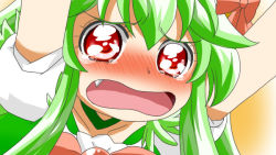 Rule 34 | 1girl, blush, cure peace, ex-keine, eyelashes, fang, female focus, green hair, kamishirasawa keine, open mouth, parody, portrait, precure, rebecca (keinelove), red eyes, ribbon, smile precure!, solo, tears, touhou